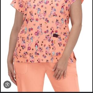 Betsey Johnson Koi Peach Cat Print Scrub Top and Pants Set